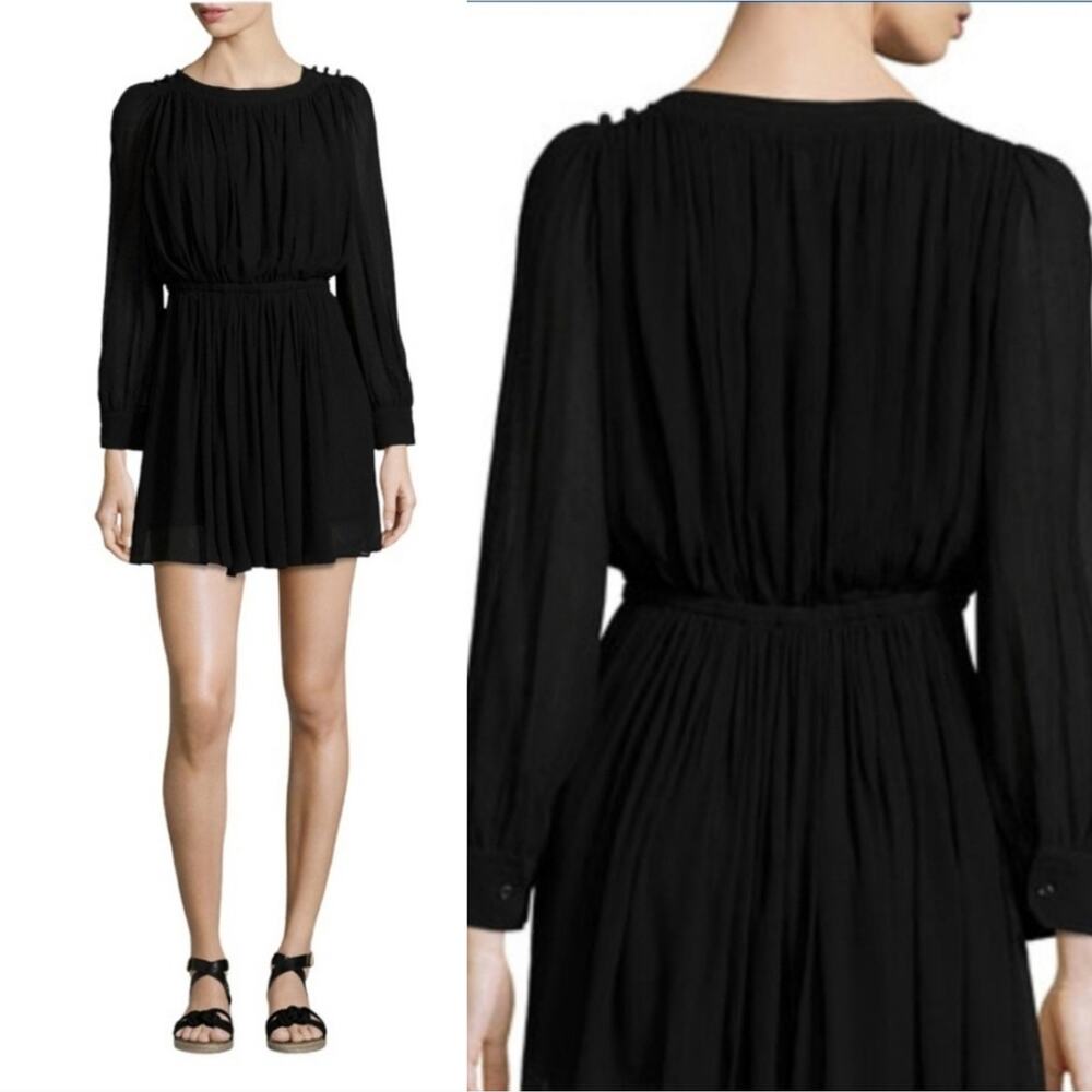 Isabel Marant Etoile Karla Long-Sleeve Pleated Black LBD Mini Chiffon Dress 36 4